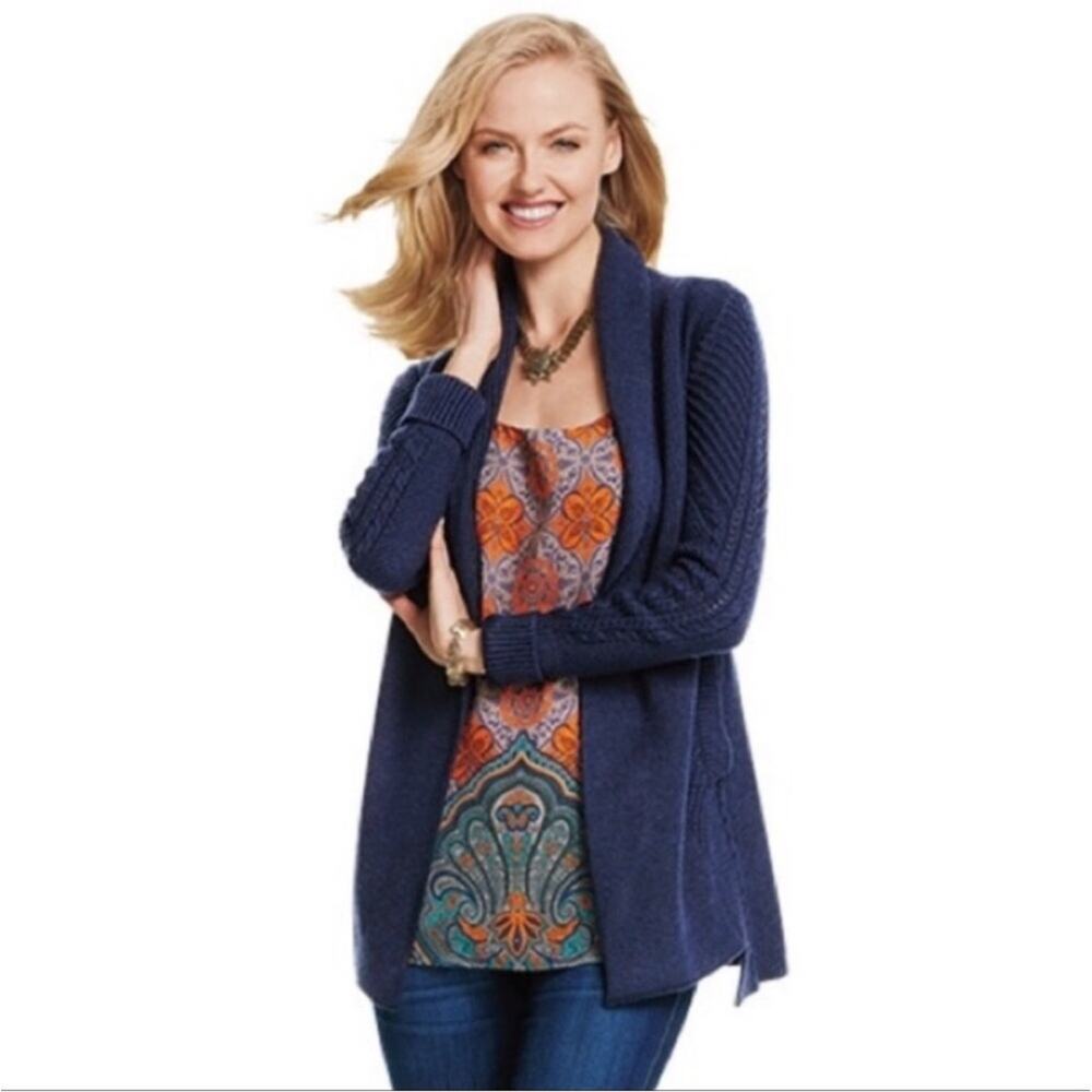 Cabi Countryside navy blue cable knit open‎ front cardigan size Small #3014